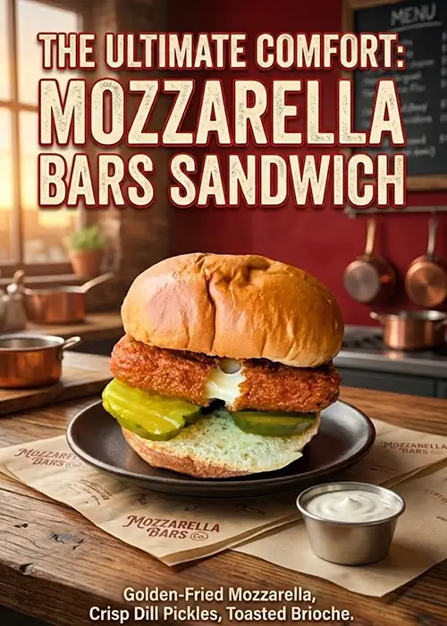 Fry N' Wings Mozzarella Bars Sandwich with crispy fried mozzarella, dill pickles, and toasted brioche bun