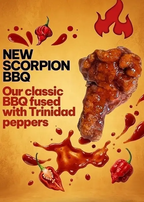 Fry N' Wings Scorpion BBQ chicken wings glazed with spicy Trinidad Scorpion pepper BBQ sauce